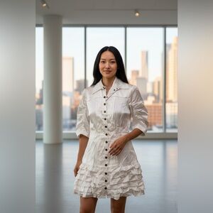 Satin Off White Button Down Ruffle Dress – Size XS